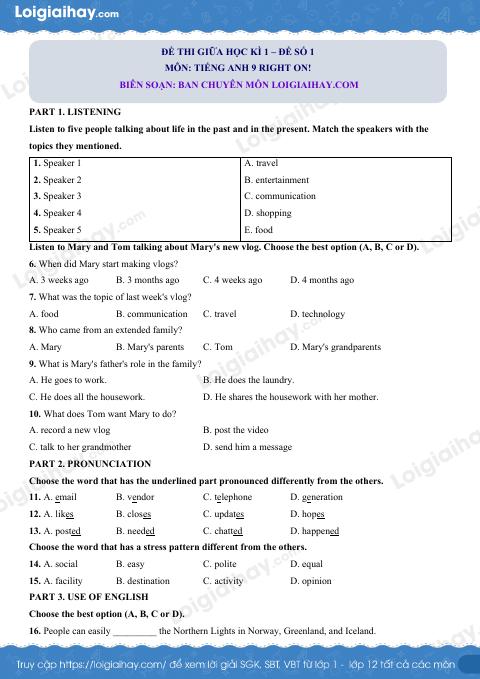 Đề thi giữa kì 1 Tiếng Anh 9 Right on! - Đề số 4
